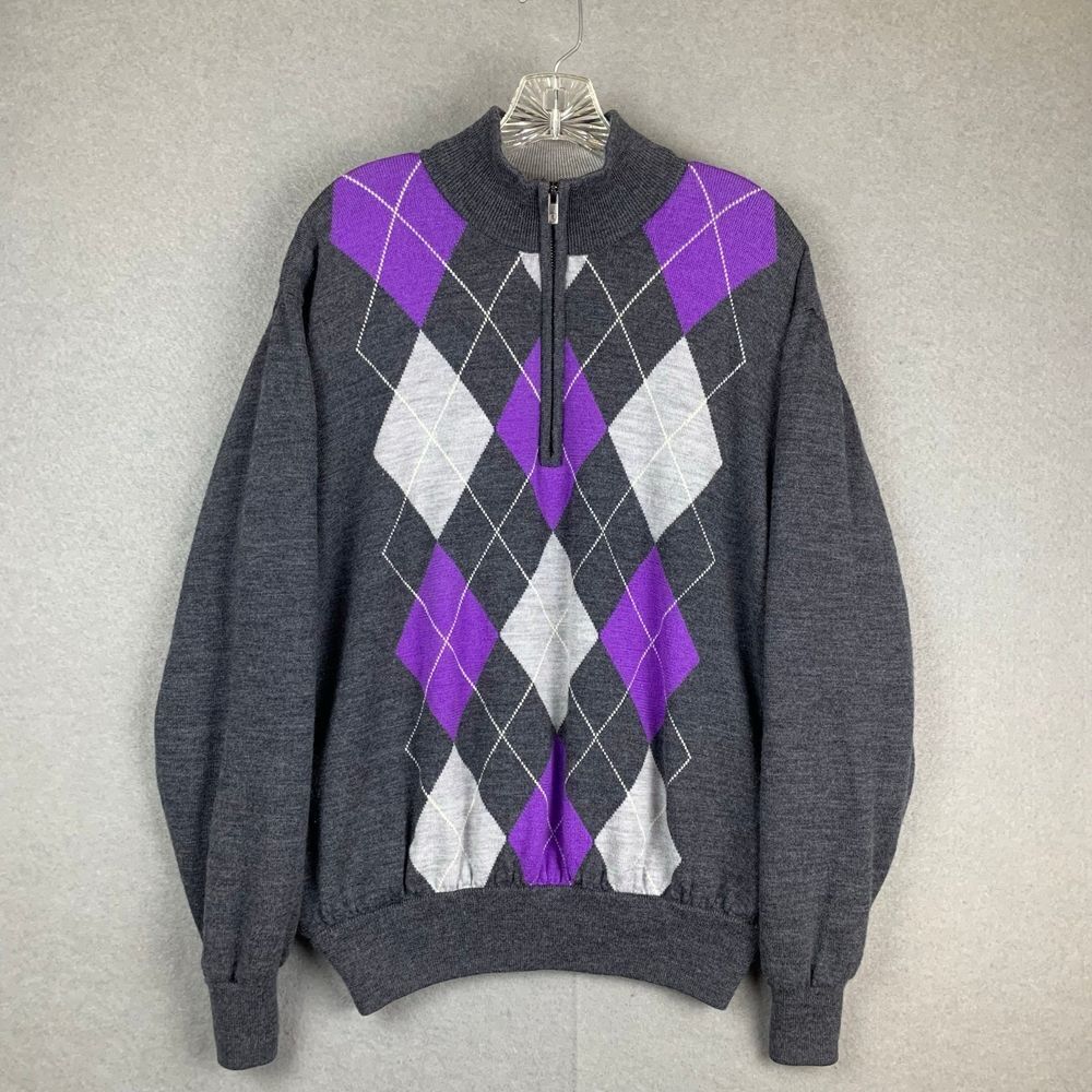 FootJoy Golf Sweater Gray Purple Argyle Wool‎ Pullover 1/4 Zip Mens Large
